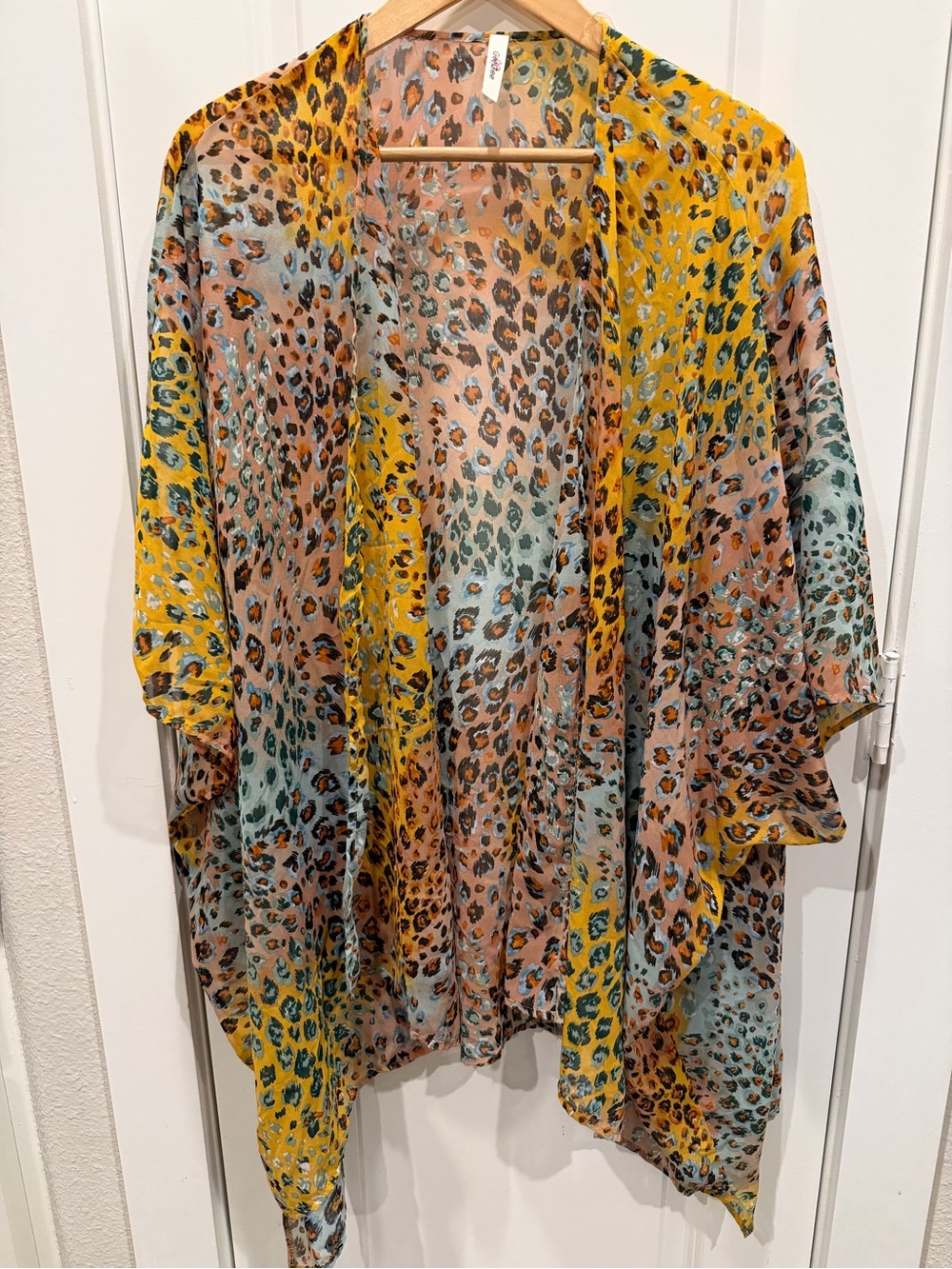 Sheer Leopard-Print Open Front Tunic in Yellow, Pink & Aqua